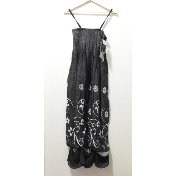 Strapless Lapis Boho Black Floral Smocked Dress One Size NWT Ballon Bottom - Picture 1 of 10